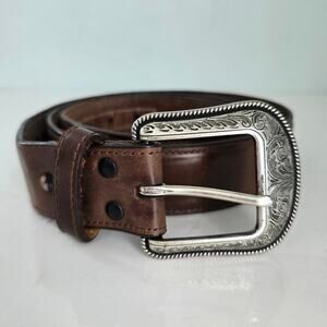 3D Belt Men's 42 Brown Genuine Leather Silver Tone Tooled Buckle Western Cowboy